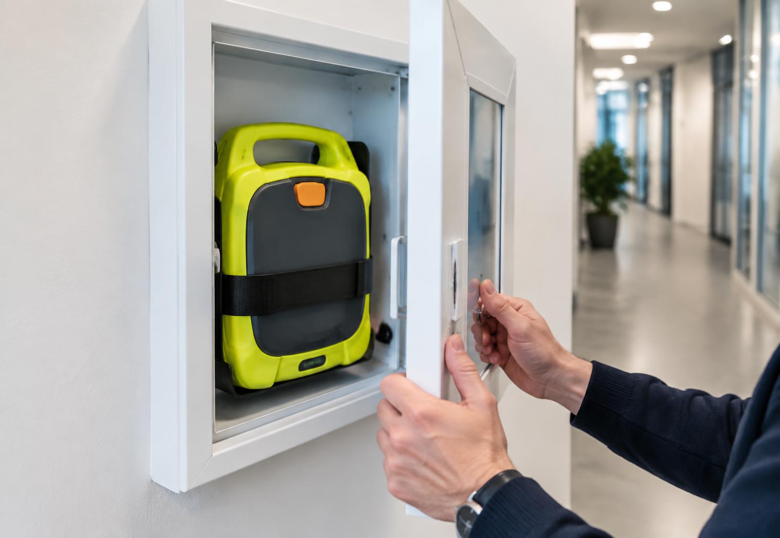 AED in einem Wandschrank in einem Bürogebäude